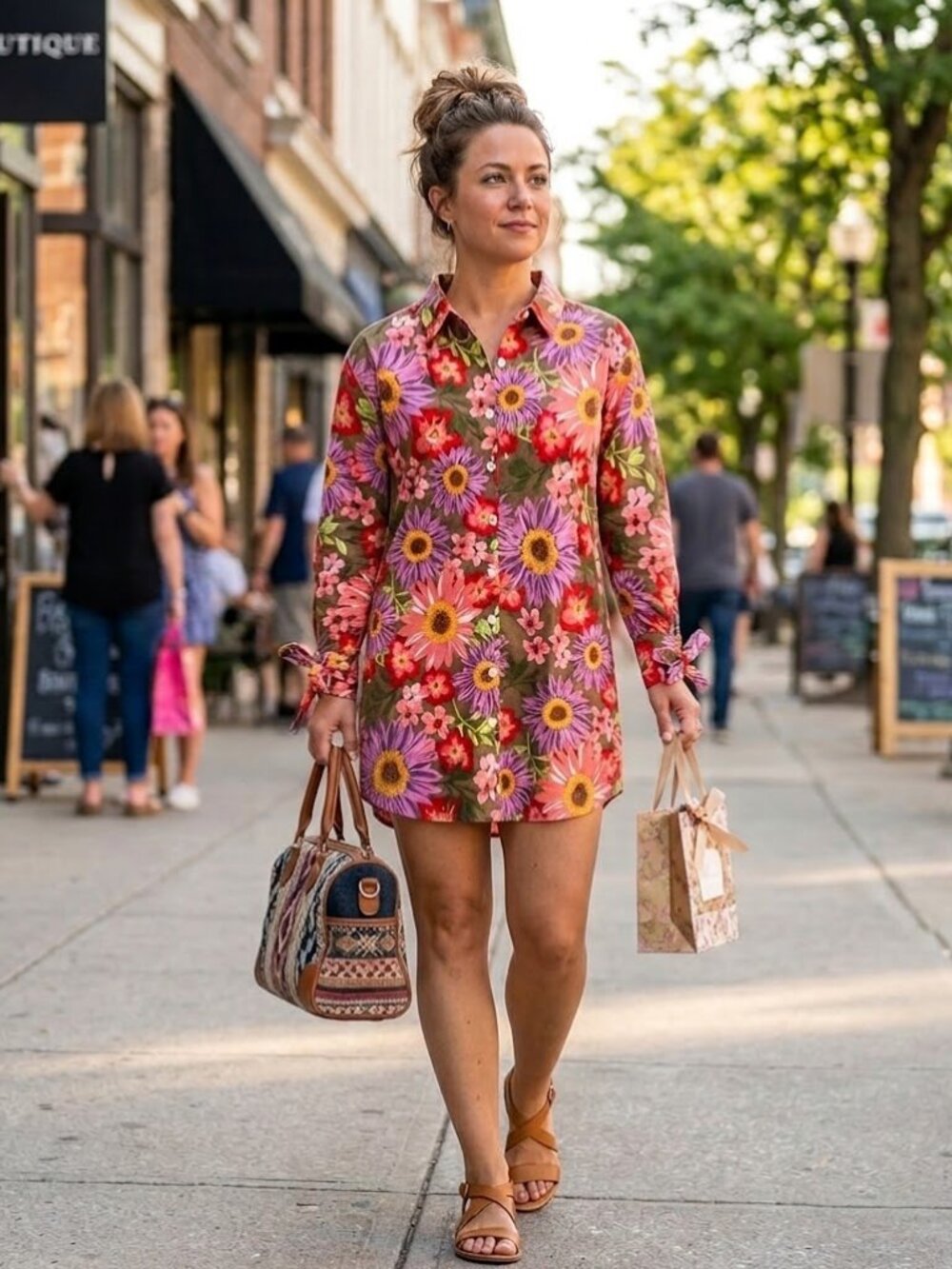 Stitchdrop Shirt Dress sz Medium Floral Long Sleeve Button Down Cotton Bow Cuffs